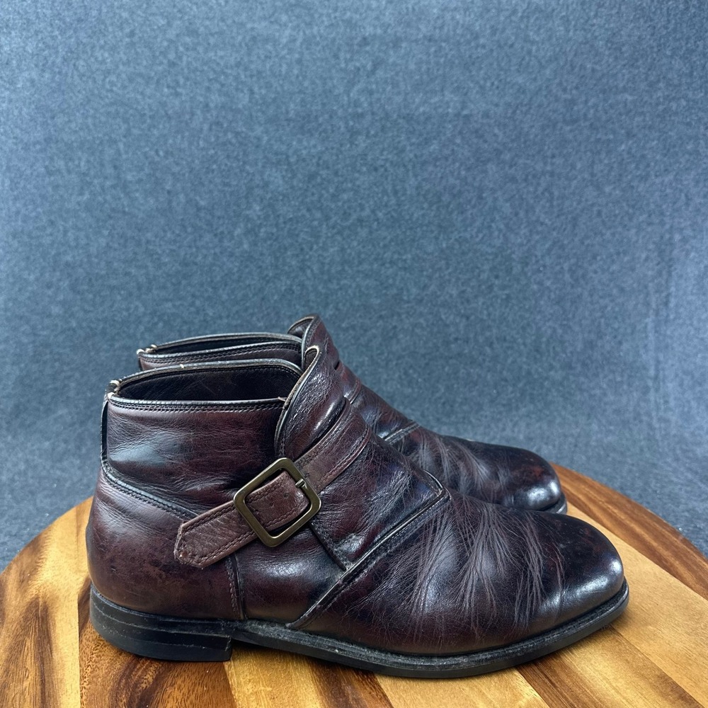 Vtg 70s Beatle Boots Leather Steel Toe Burgundy Monk Strap Chelsea Shoes Sz 9.5D